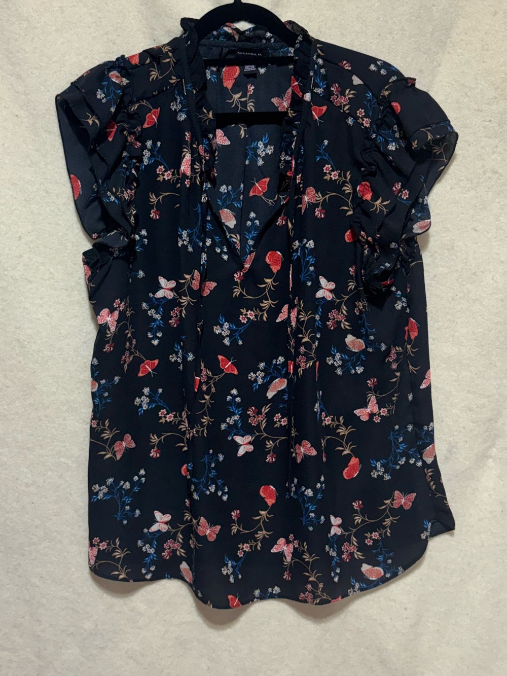Tamara H. Floral Butterfly Ruffle Sleeve Blouse Size XL Black Sheer Top